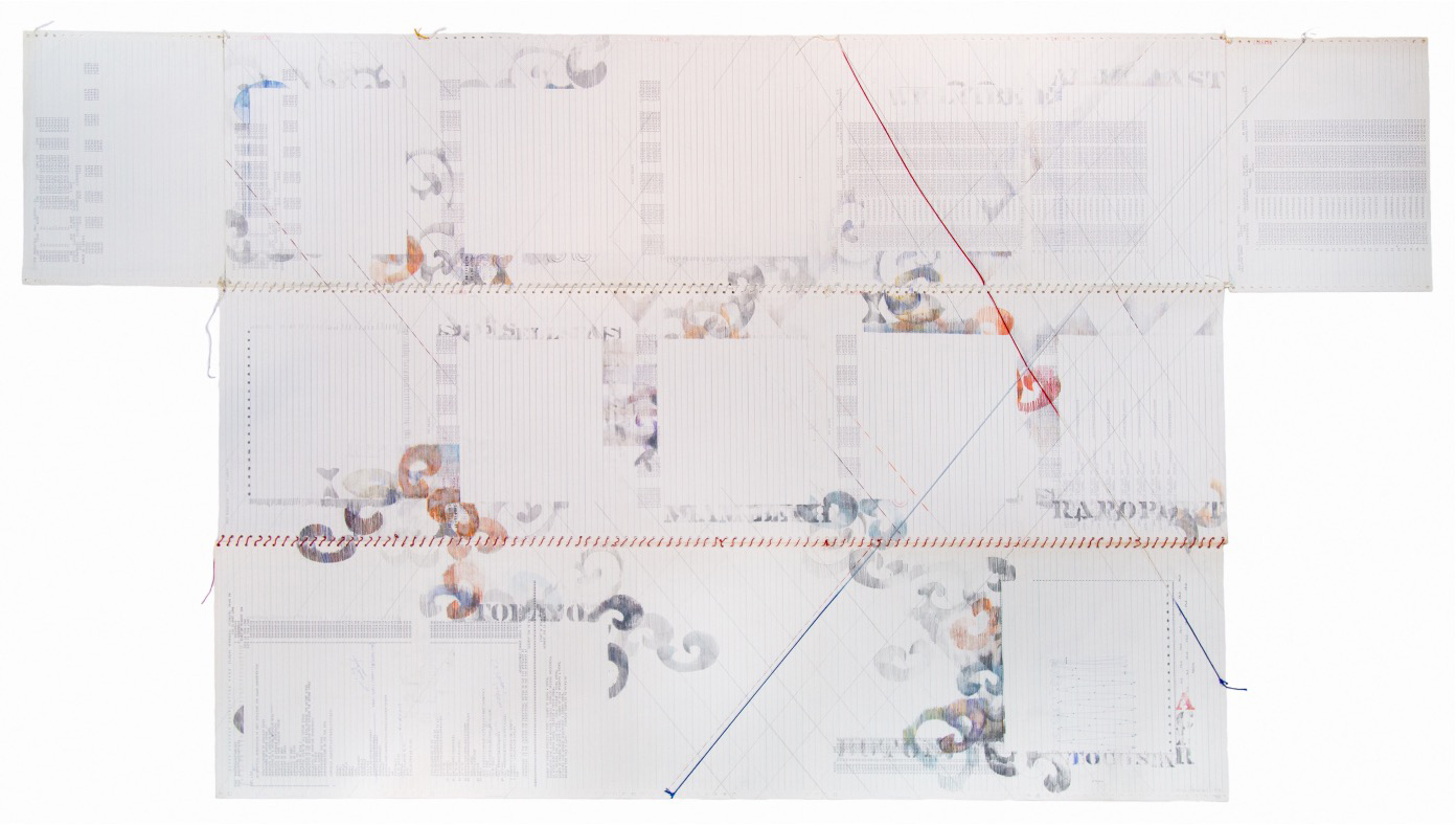 drawing on printer paper with threads criss-crossing