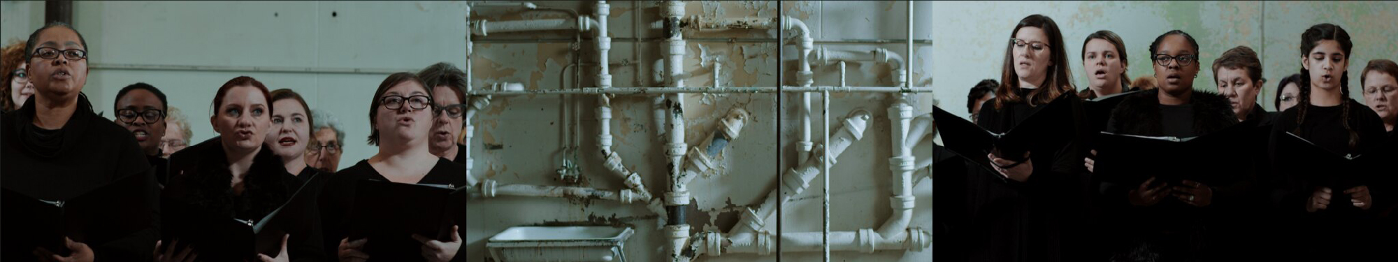 wide image with two sections showing choir singing, old factory wall in center