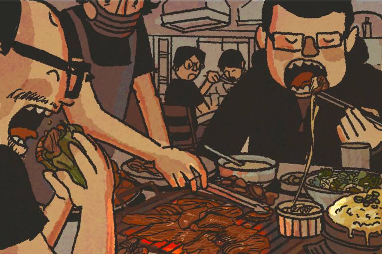 Illustration: Two men devouring Korean barbecue while a server attends to the grill.
