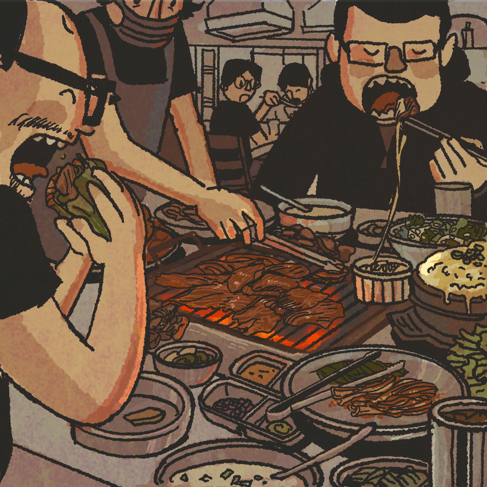 Illustration: Two men devouring Korean barbecue while a server attends to the grill.