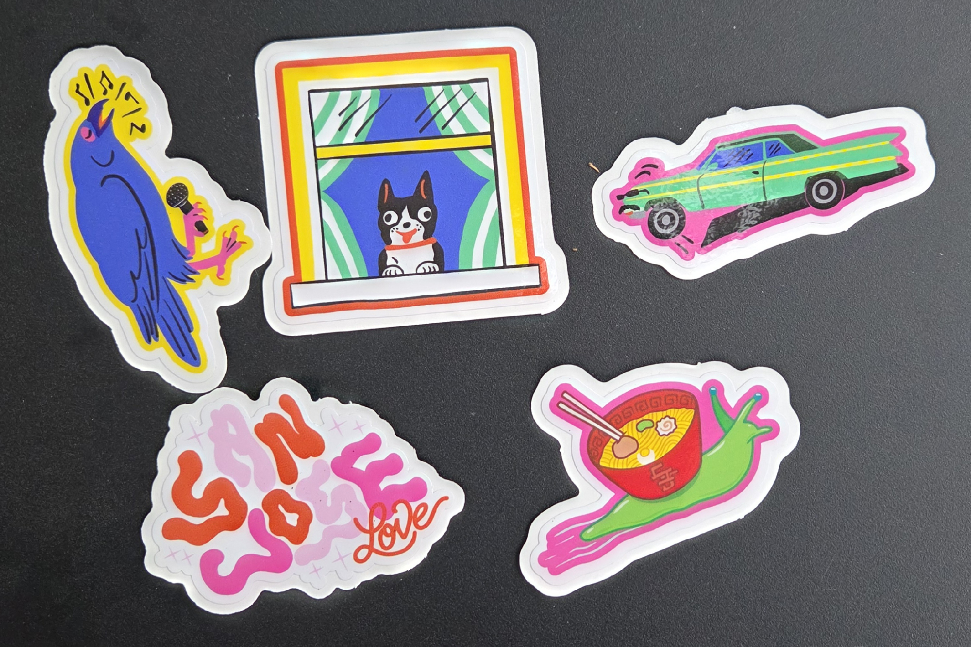 brightly colored cartoons of animals and lowrider