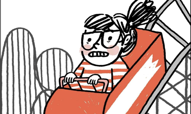 An illustration of a girl with glasses and a black ponytail, wearing a red and white striped top, grimacing on a rollercoaster ride.