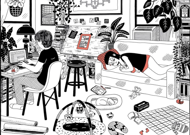 An illustration of an exhausted woman lying on a couch in her underwear in an apartment cluttered with baby toys, plants and other items. At her side i a man working on a computer at a cluttered desk.