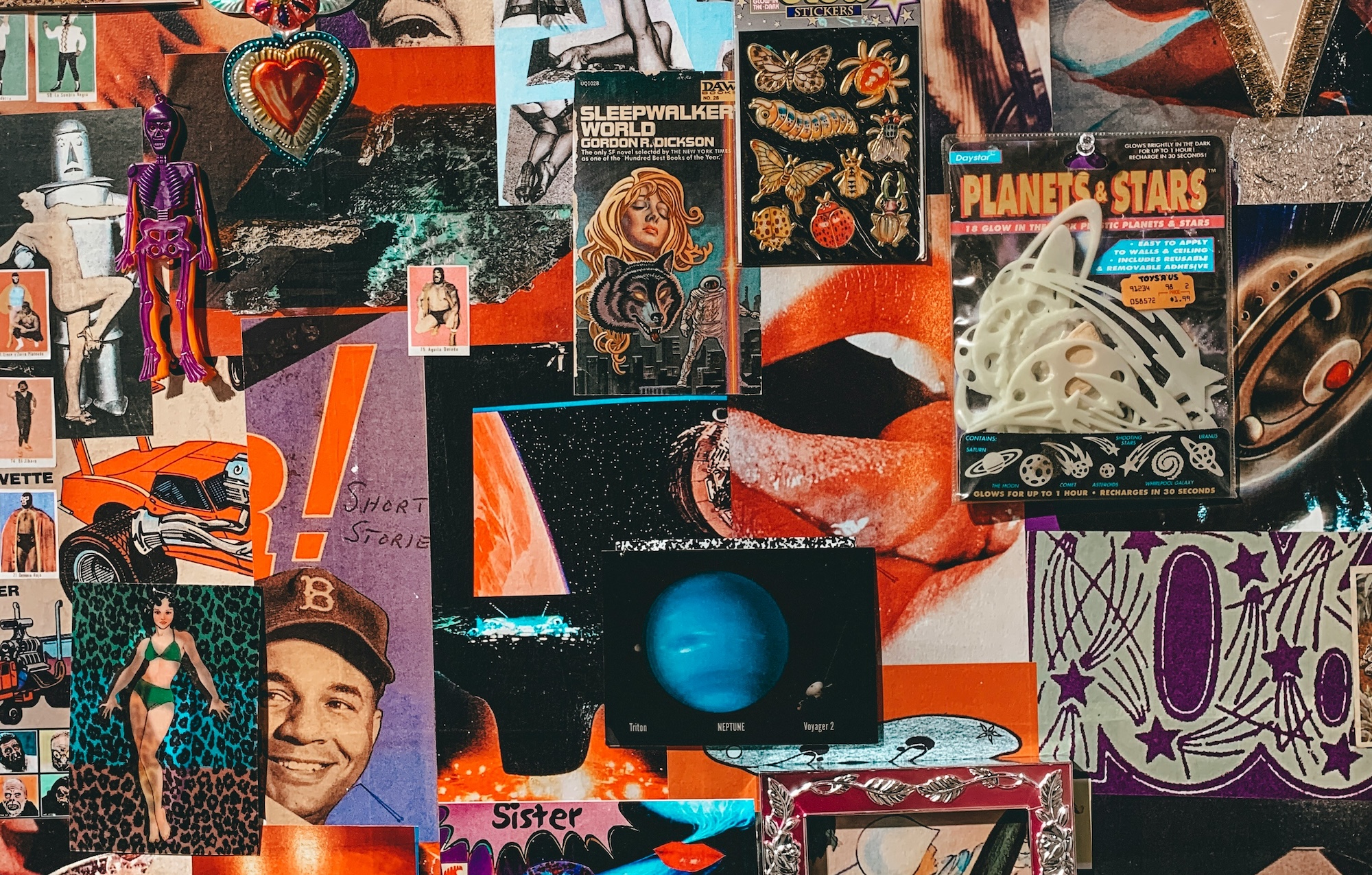 A collage of random images from magazines including women, men, robots and toys. 