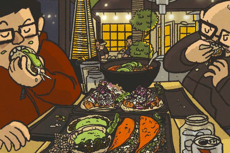 Illustration: Two men devouring a large amount of tacos while seated at a picnic table. In back, string lights and heat lamps are visible.