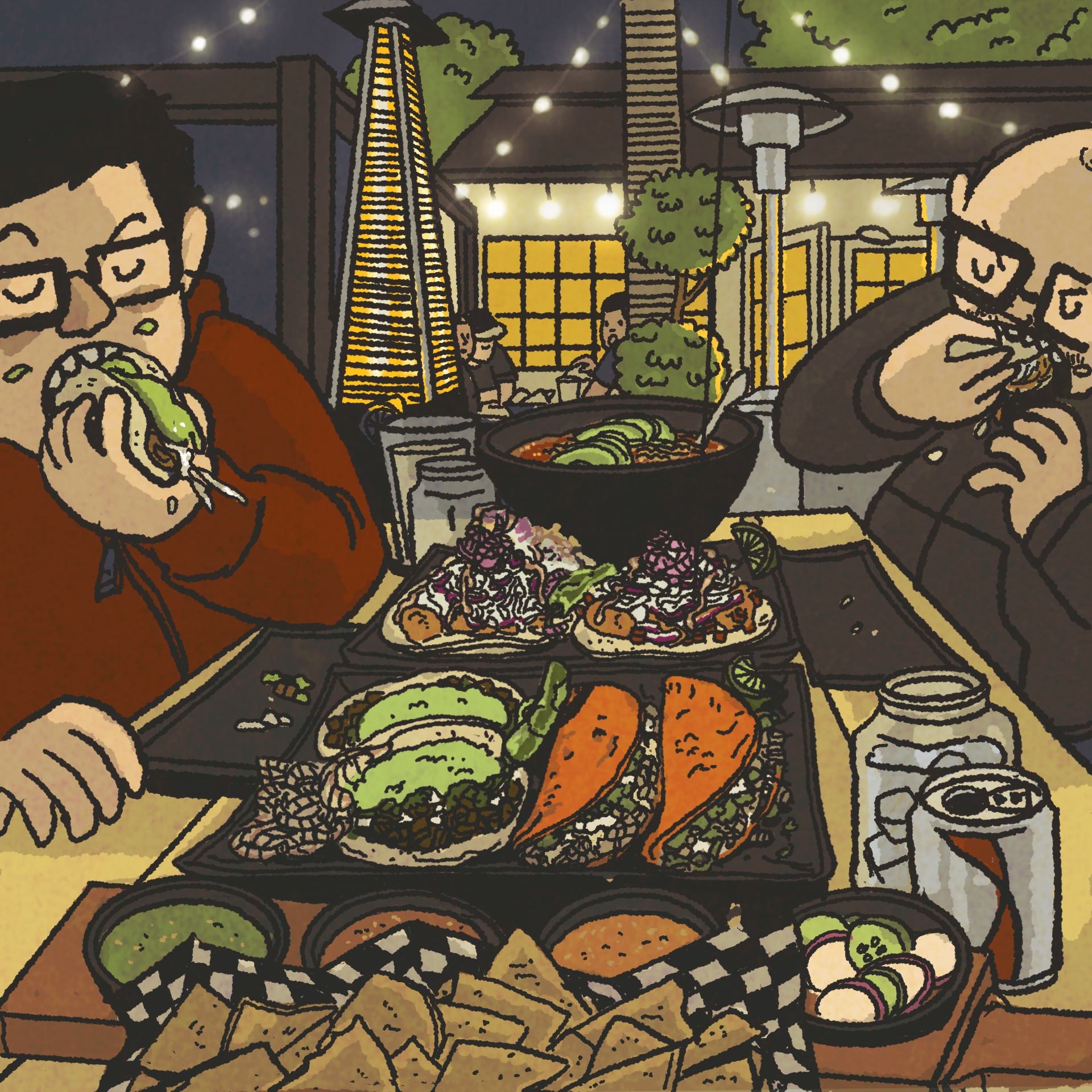 Illustration: Two men devouring a large amount of tacos while seated at a picnic table. In back, string lights and heat lamps are visible.