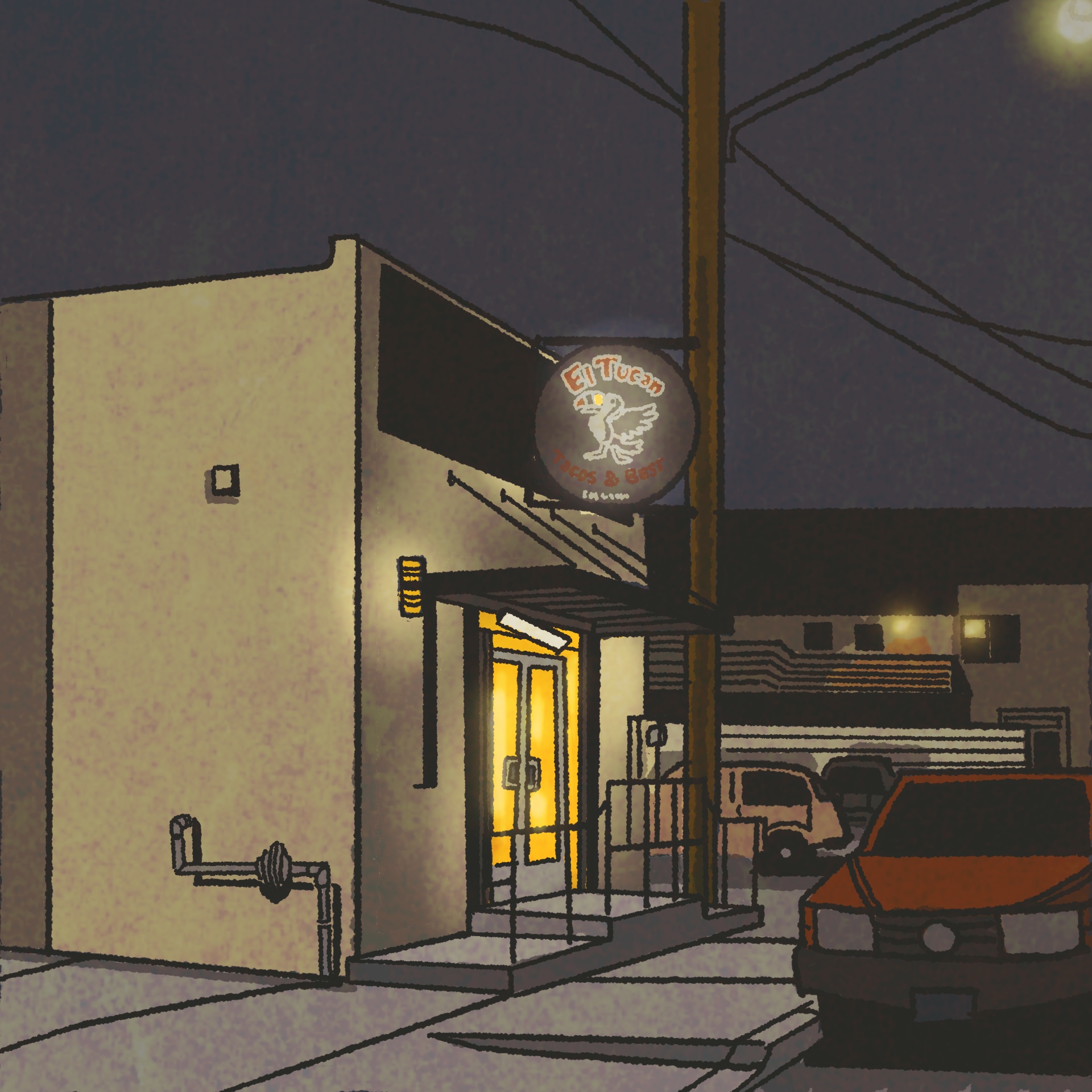 Illustration: a boxy, fairly nondescript-looking restaurant lit up at night. The neon sign reads, "El Tuc&aacute;n Tacos & Beer," with a drawing of a toucan as its logo.