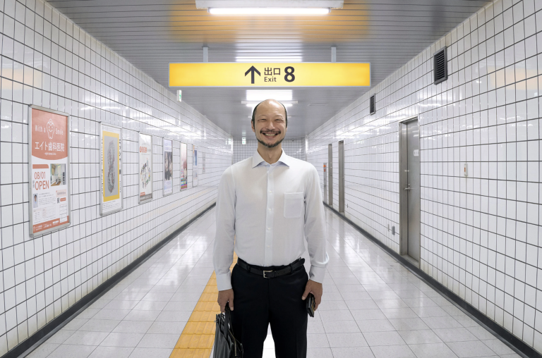 A Japanese man, wearing a white shirt and black pants stands in the center of a brightly lit underground corridor. He is smiling unnaturally.