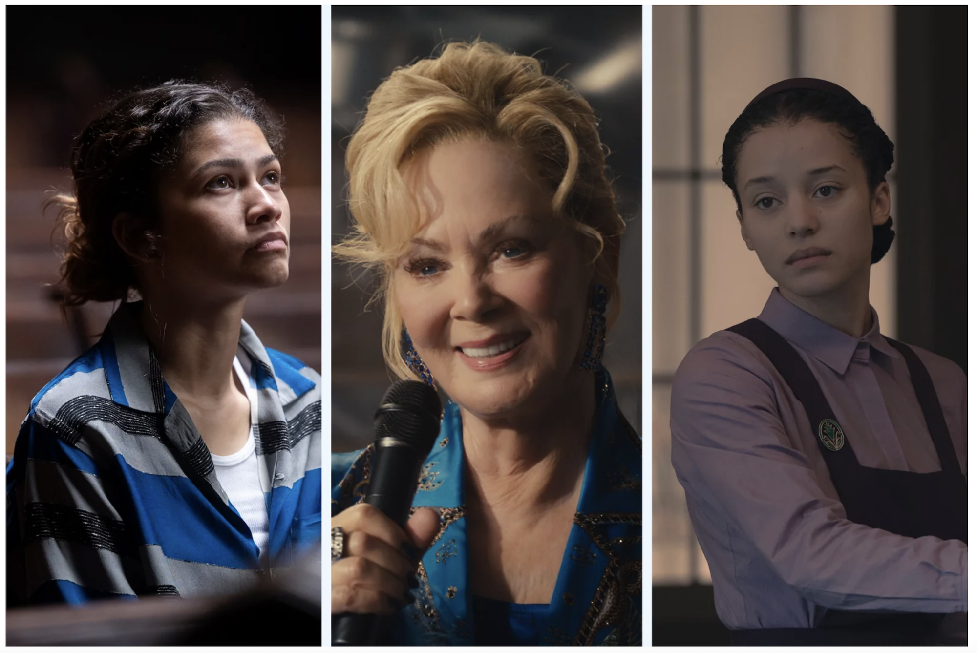 A panel of three photos. Two feature youthful mixed race women with neutral expressions, and one close-up of a 60-something white woman with coiffed blond hair.