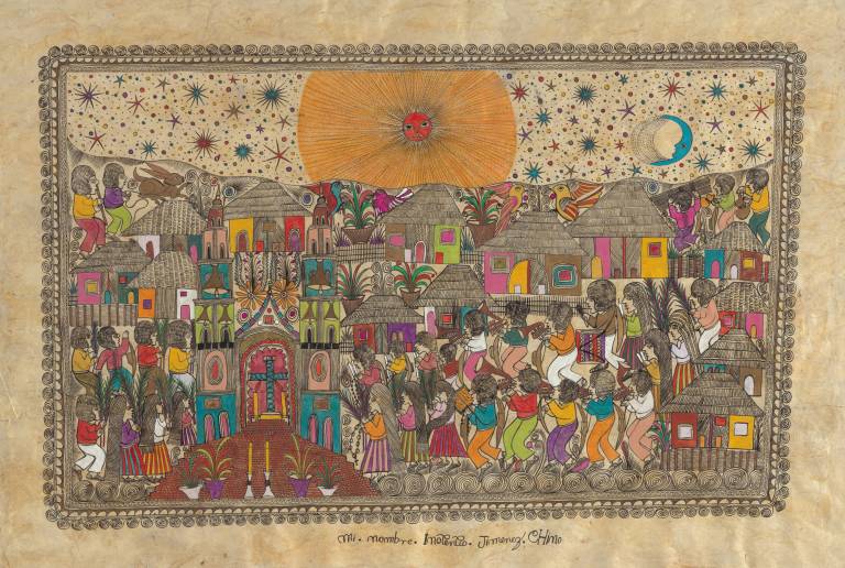 detailed drawing of people processing through village, colorful touches