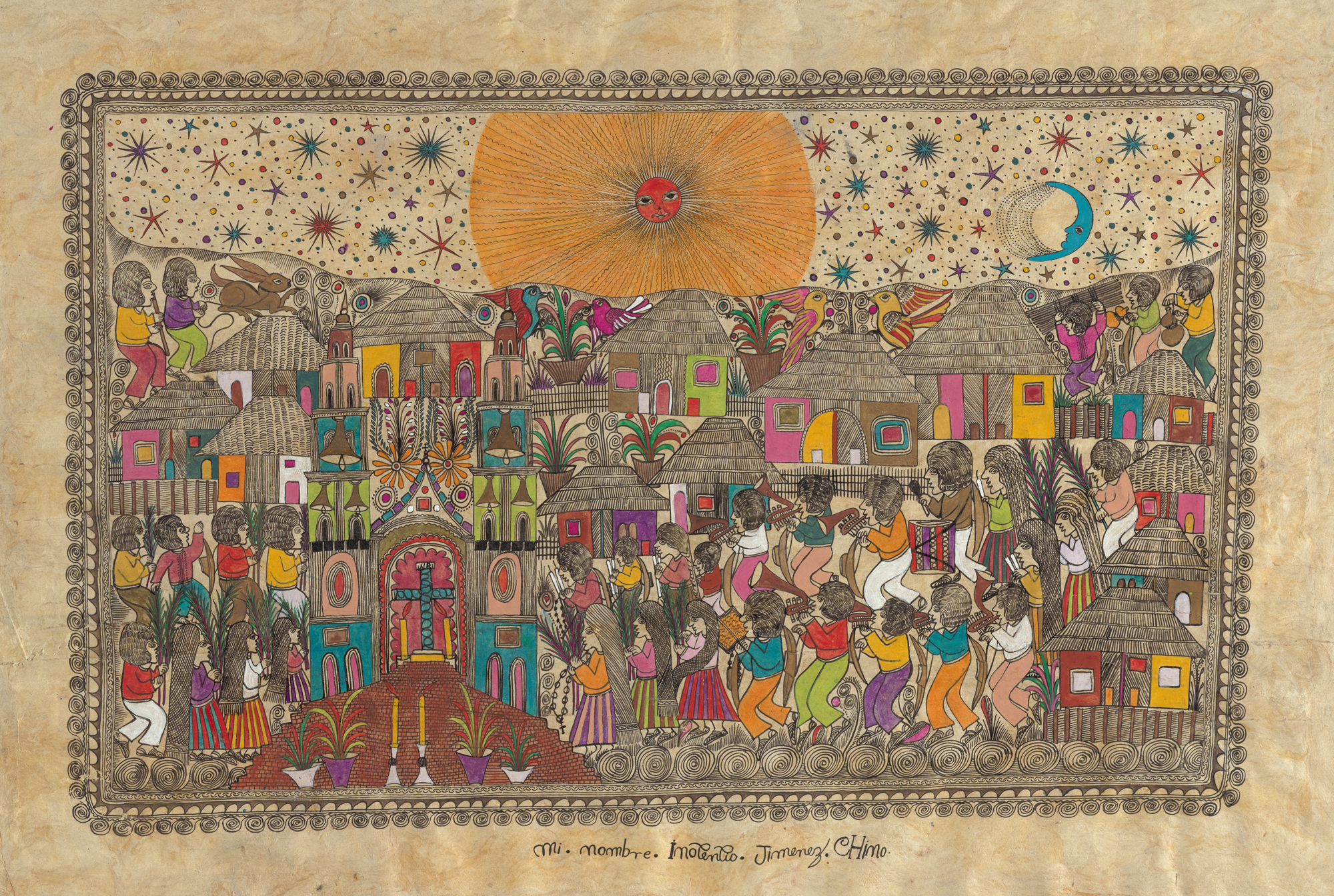 detailed drawing of people processing through village, colorful touches