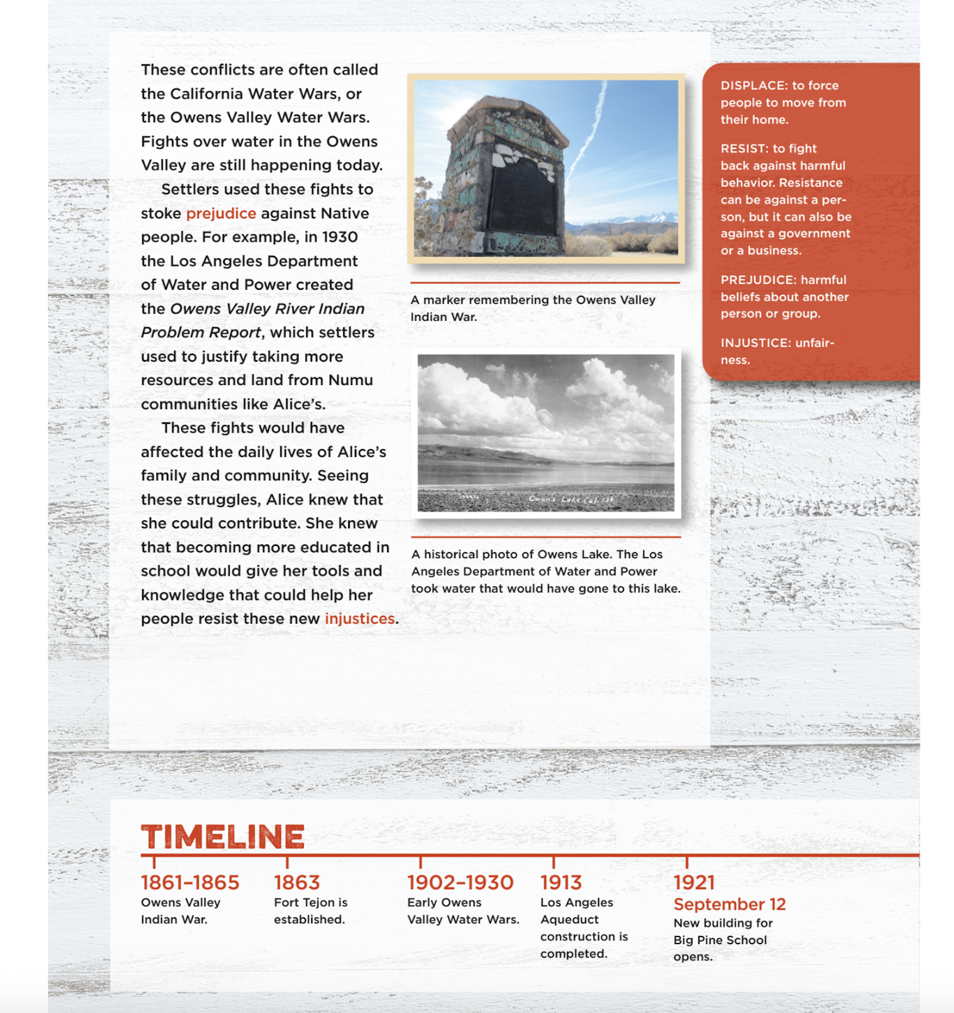 A book page featuring text blocks, photos of Owens Lake and a war memorial, a timeline of events and a side bar with definitions for certain terms used in the main text.