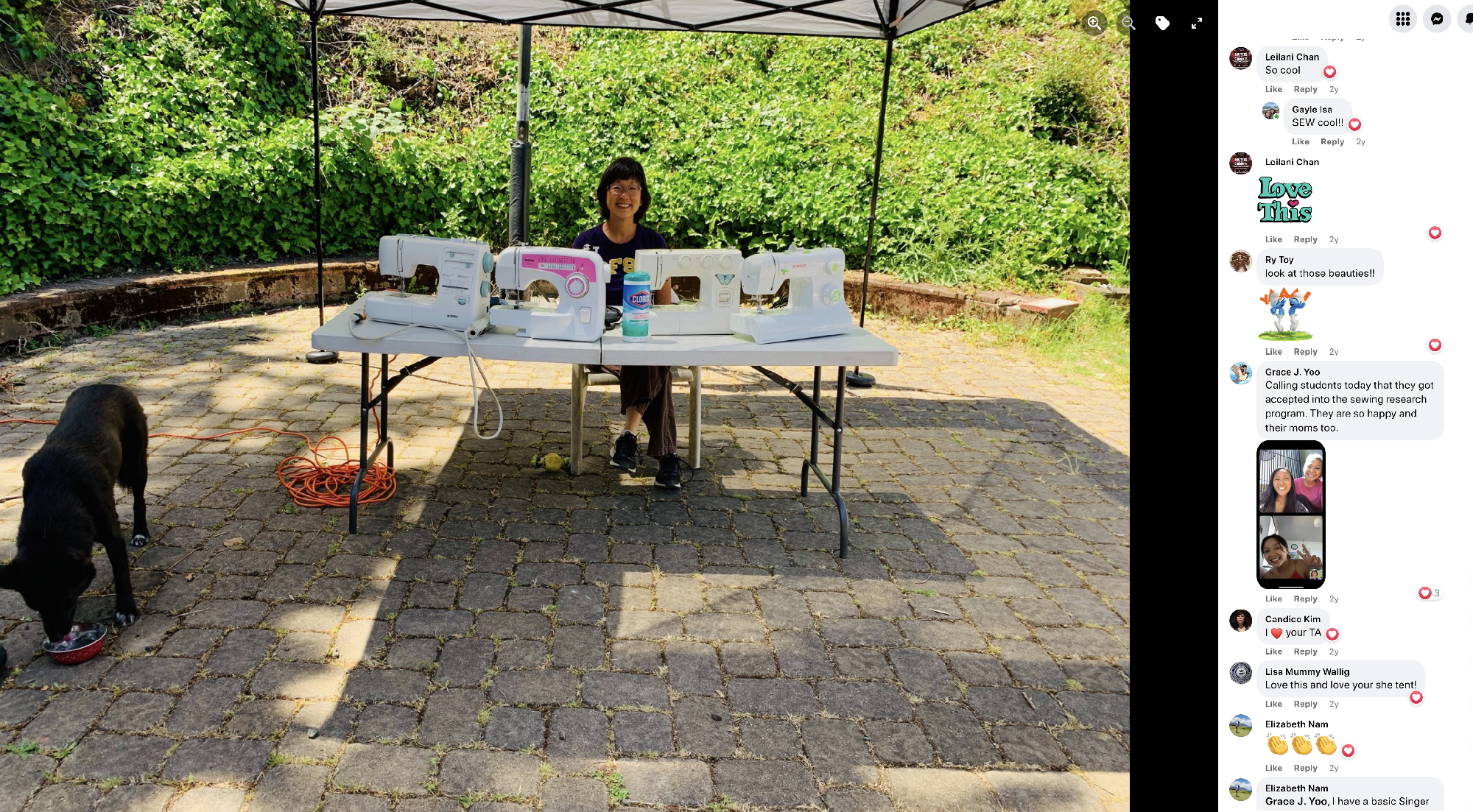 Asian woman seated at outdoor table smiling behind four sewing machines, comments on right