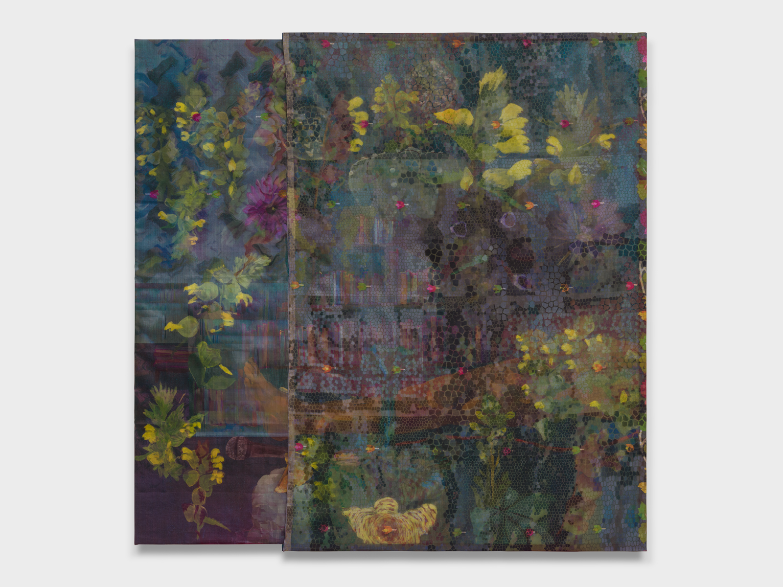 abstract muted painting with greenery on two panels