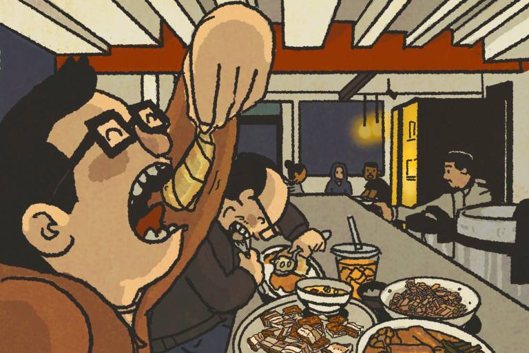Illustration: Man devouring a shrimp lumpia while seating a diner counter.