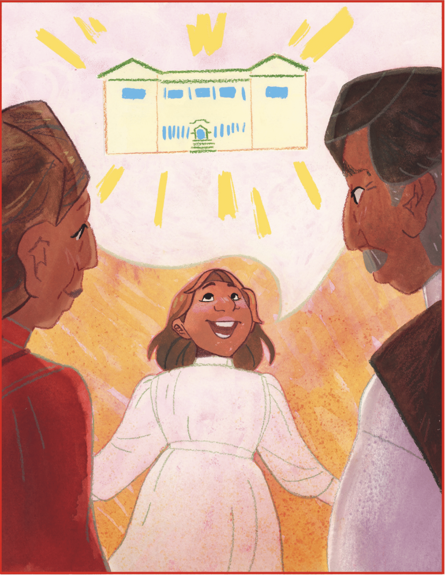 An illustration of an Indigenous child looking gleefully upwards towards a new school. Her parents watch her proudly.