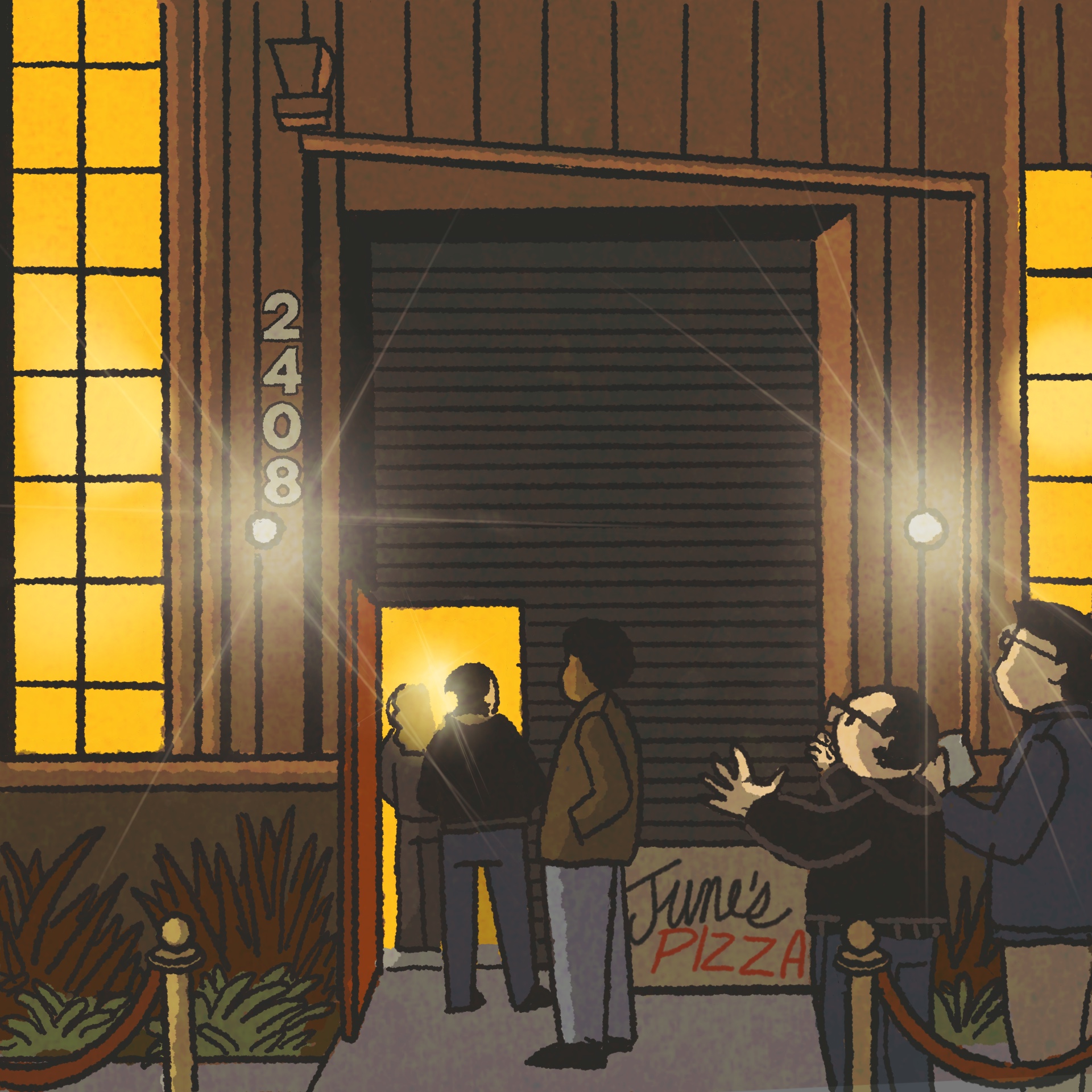 Illustration: the exterior of a warehouse-like restaurant, where several customers wait in line. On the ground, a handwritten sign reads, "June's Pizza."