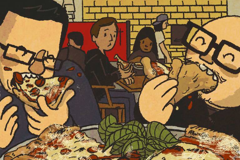 Illustration: Two men devouring pizza. There's a pile of basil leaves on the pan.