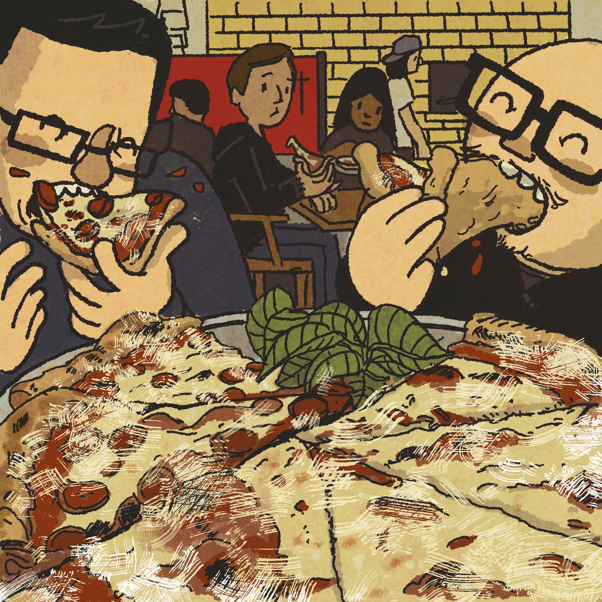 Illustration: Two men devouring pizza. There's a pile of basil leaves on the pan.