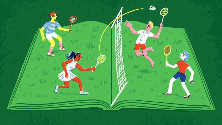 An illustration of four badminton players playing on a grassy court that is shaped like an open book.