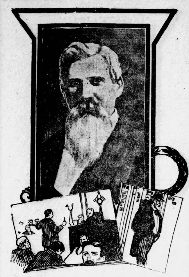 A grainy black and white portrait of a white man with coiffed hair and a long white beard, accompanied by two courtroom illustrations.