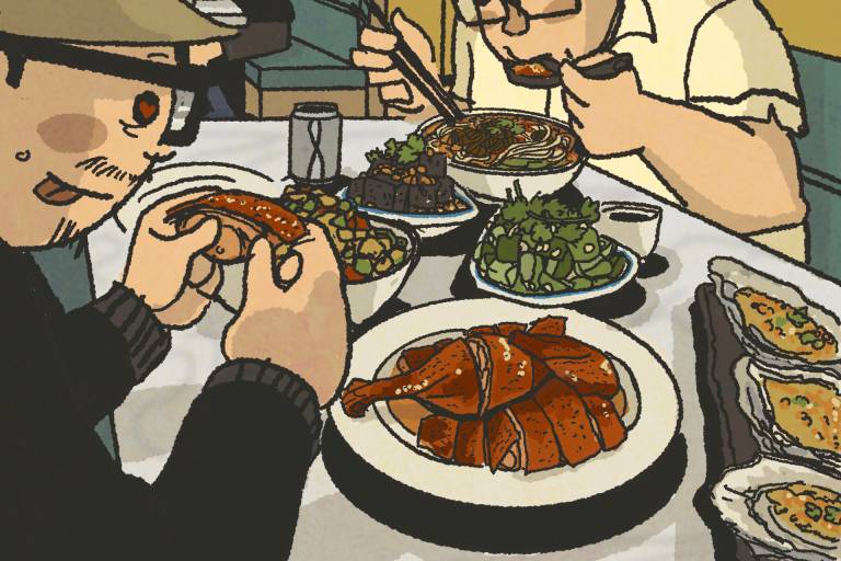 Illustration: Two men devouring Chinese roast duck and rice noodles.