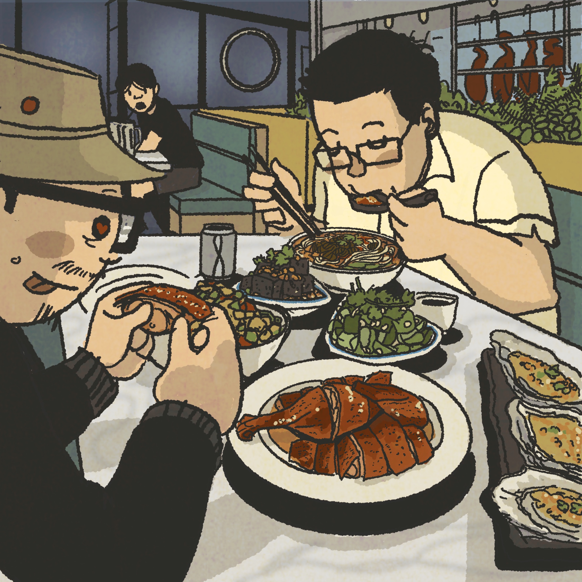 Illustration: Two men devouring Chinese roast duck and rice noodles.