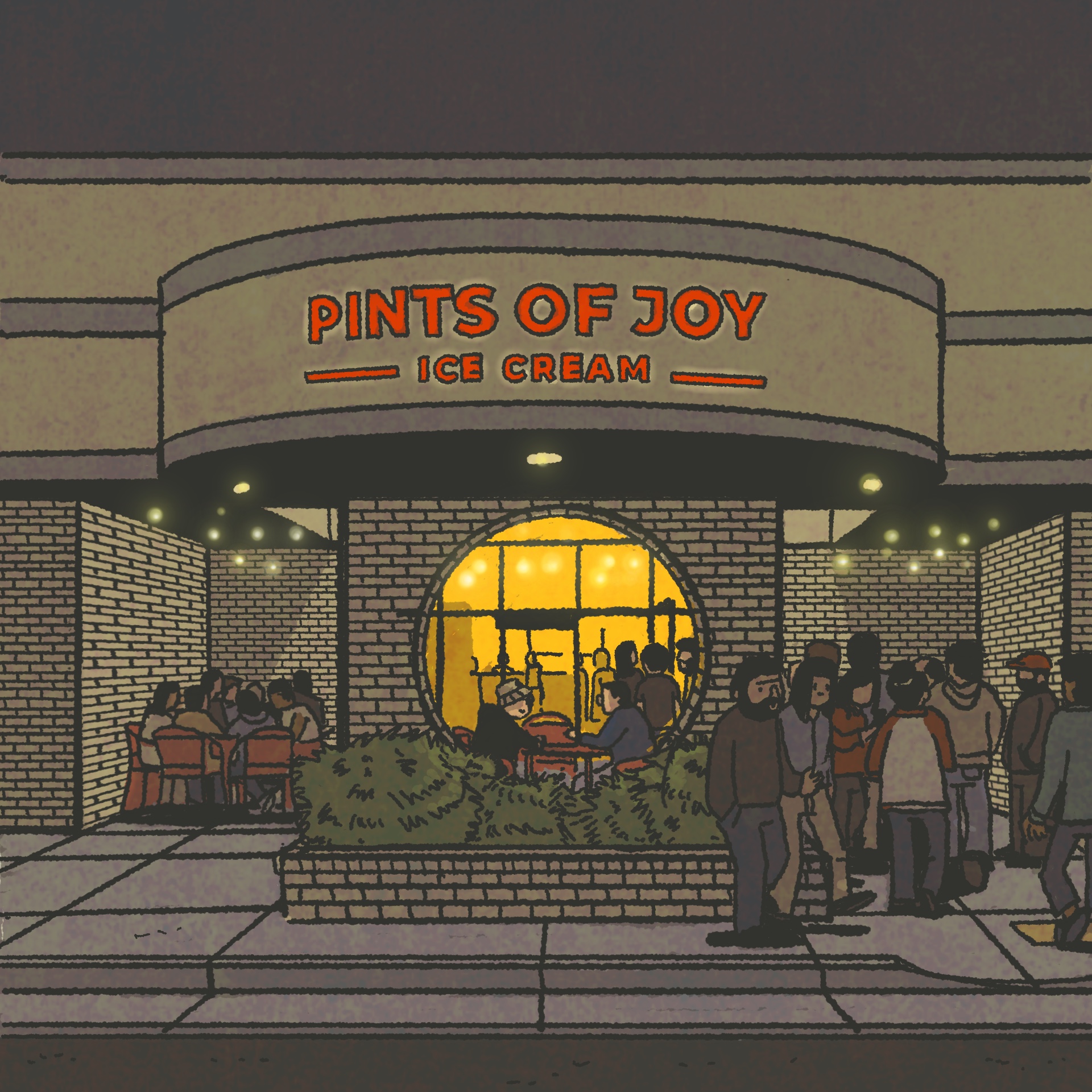 Illustration: An ice cream shop lit up at night, with a long line of customers waiting outside. The sign reads, "Pints of Joy."