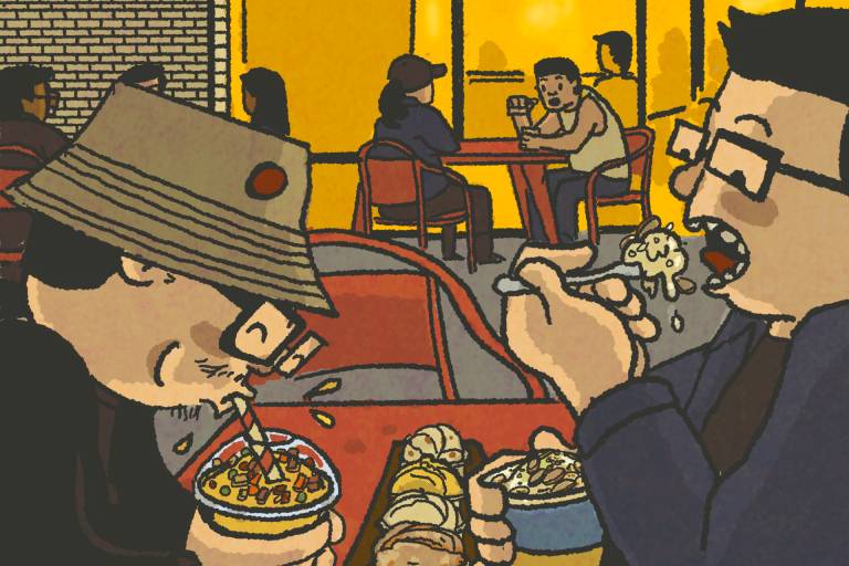 Illustration: Two men eagerly eating many varieties of ice cream.