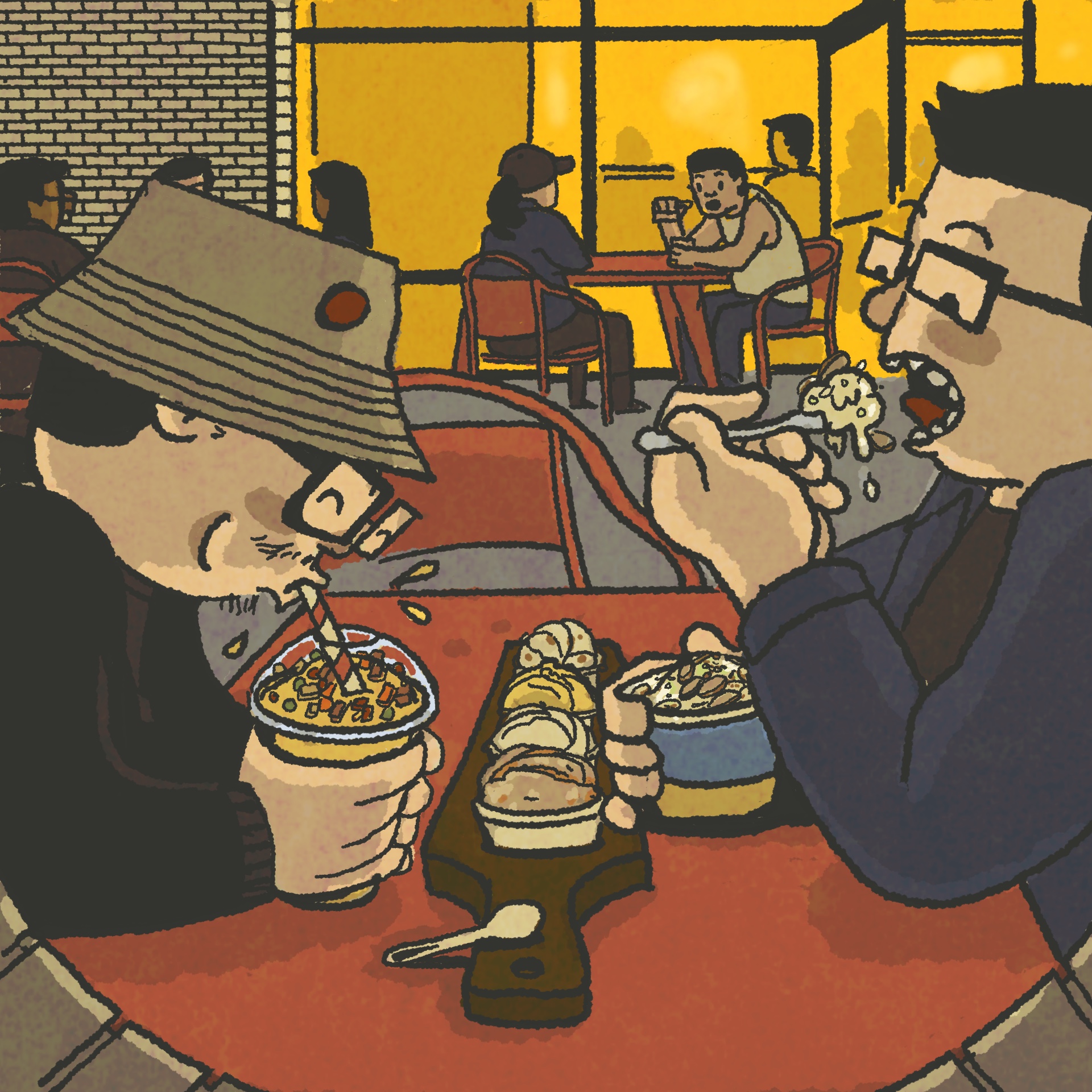 Illustration: Two men eagerly eating many varieties of ice cream.