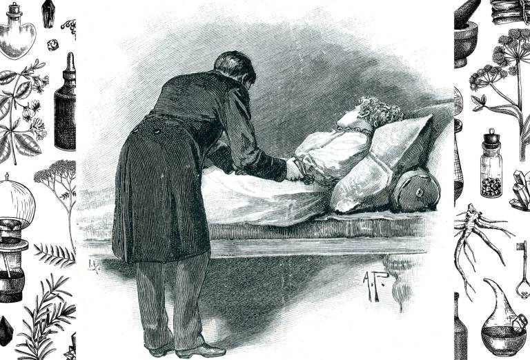 Black and white illustration of a Victorian doctor at a sick woman's bedside.