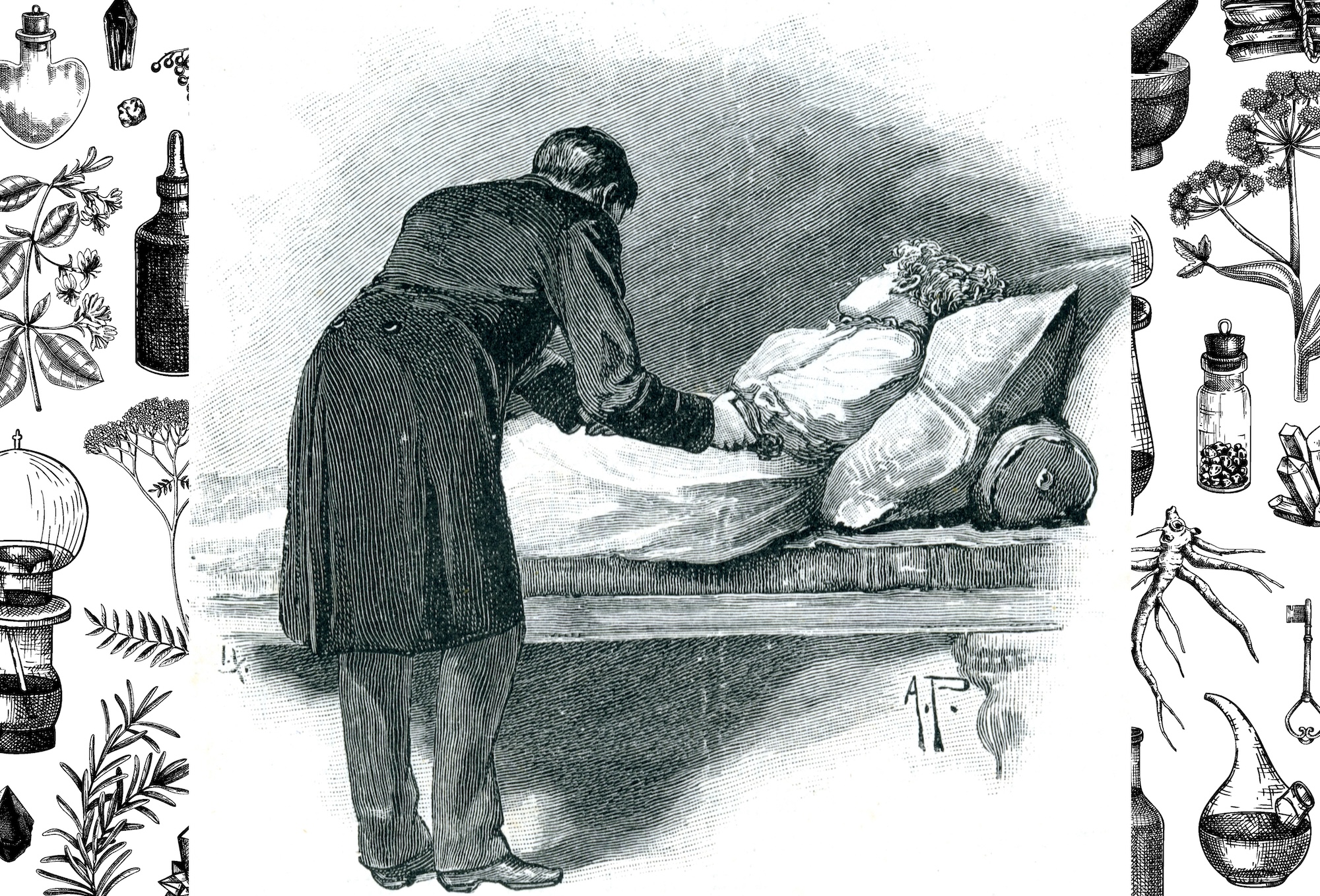 Black and white illustration of a Victorian doctor at a sick woman's bedside.