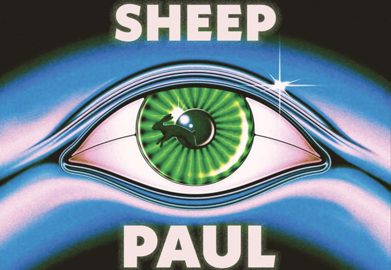 A book cover featuring an illustration of a gree eye, close-up, with blue and pink eyelids. A small rabbit is reflected in the pupil.