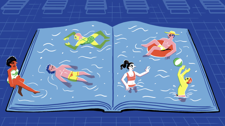 An illustration of six people in a swimming pool, but the pool is shaped like an open book.