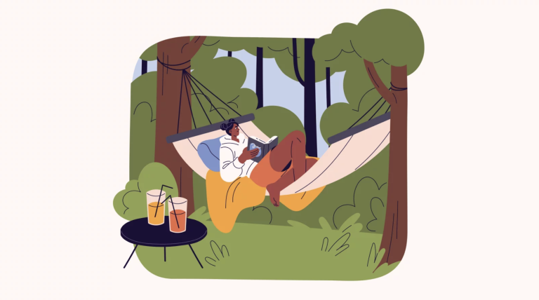 Illustration of a brown woman with her hair in buns lying in a hammock in front of a row of trees. She is wearing shorts and a hoodie and sitting on a blanket.