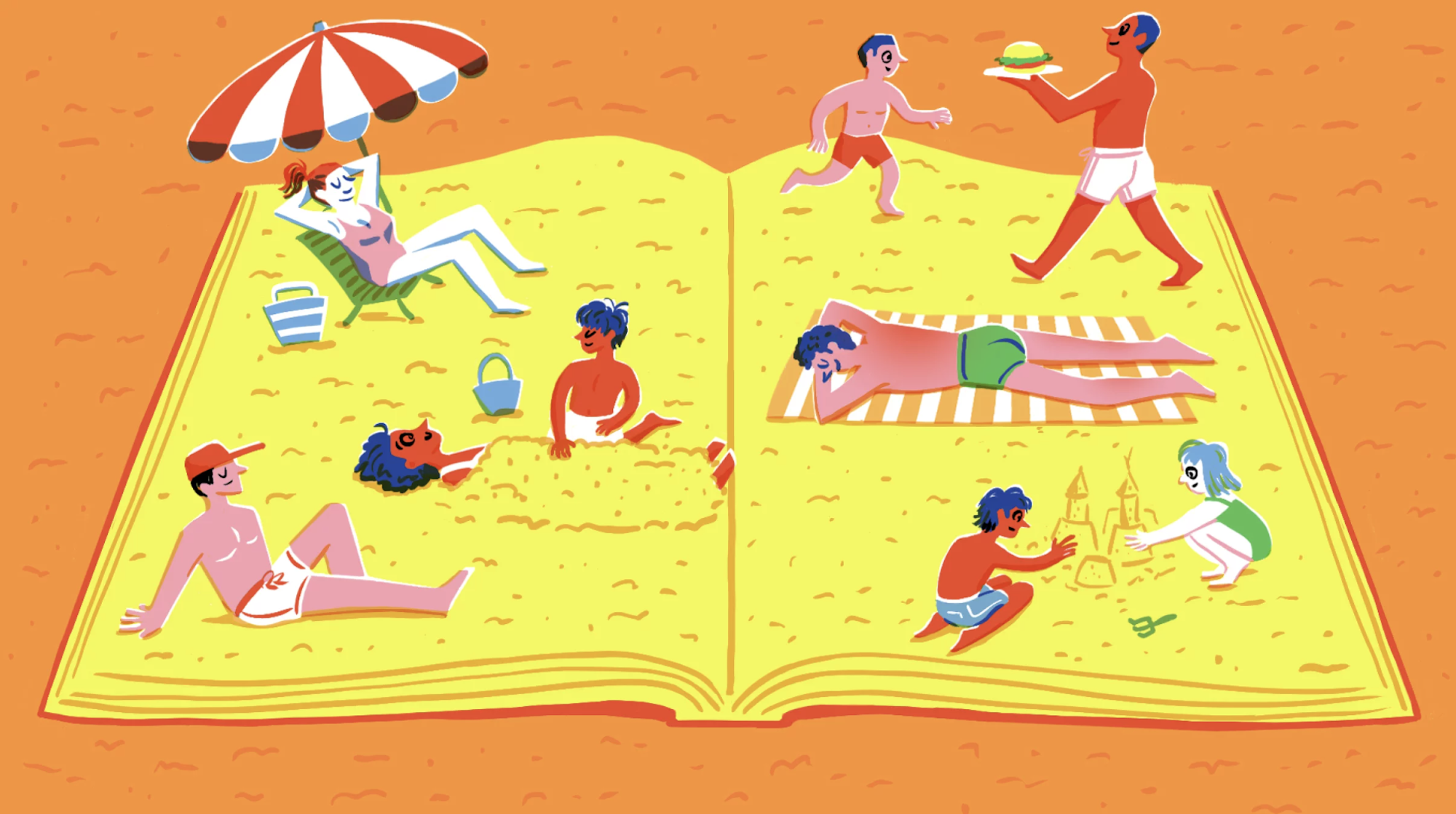 An illustrated beach scene, but the crowd of beachgoers are sitting on an open yellow book, rather than sand.