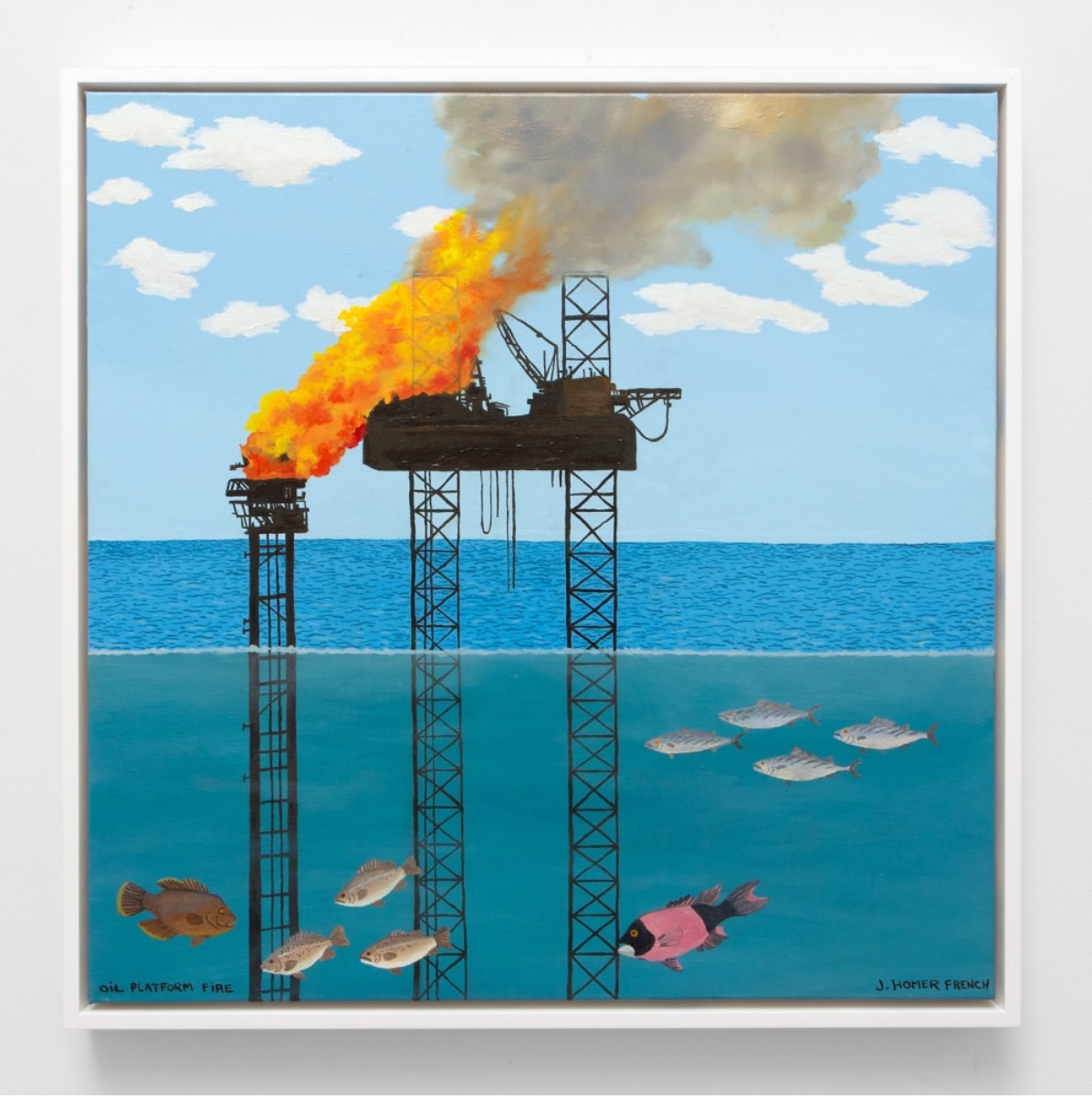 fish swim around legs of oil platform on fire