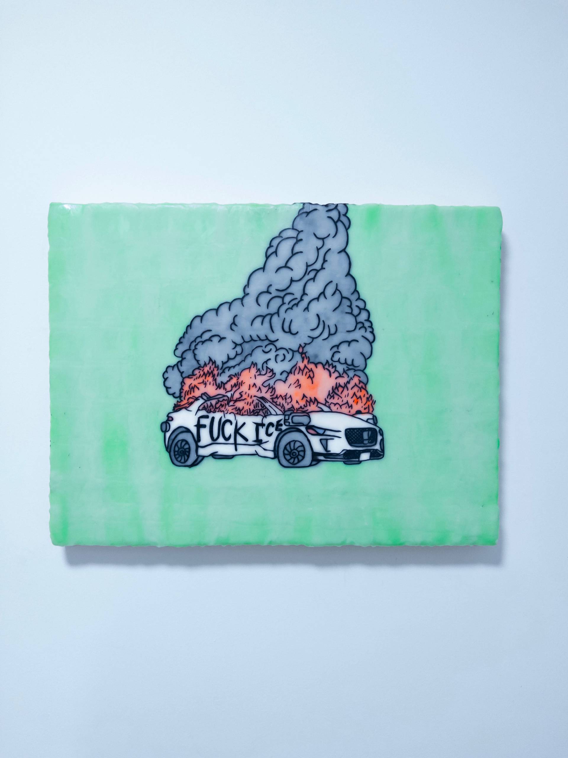 painting of burning waymo with 'fuck ICE' graffiti