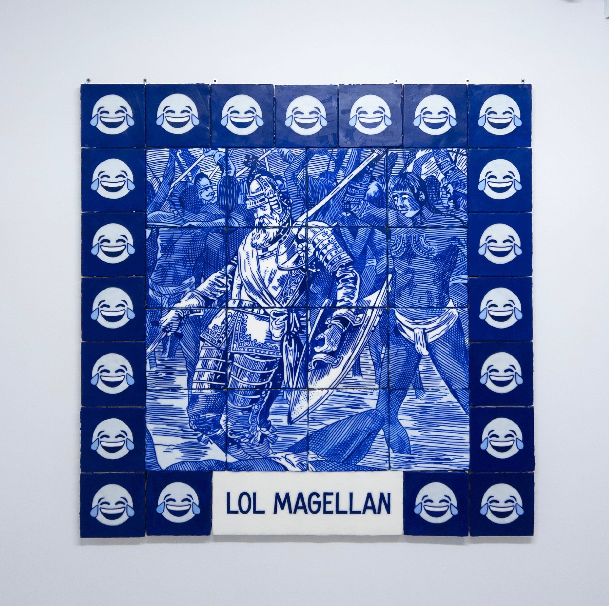blue and white tile-like painting of man in armor being stabbed