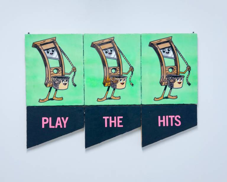 cartoon of smiling guillotine and basket, repeated three times