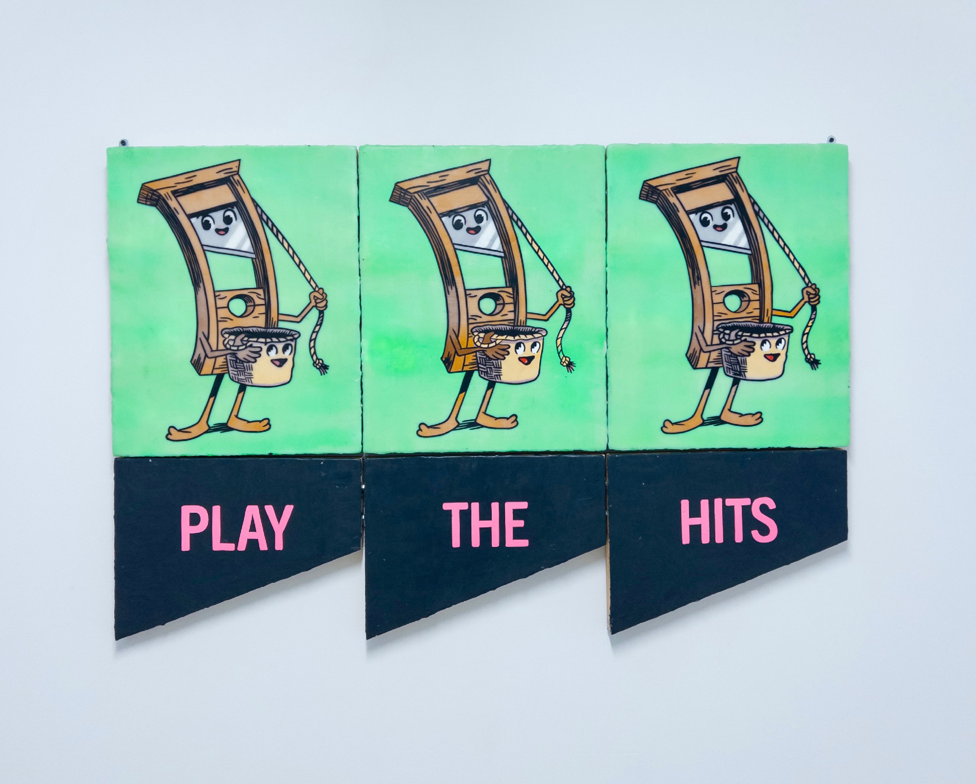 cartoon of smiling guillotine and basket, repeated three times