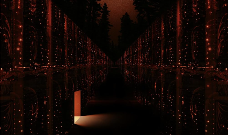 A book cover featuring huge walls covered in small lights. Behind them are the silhouettes of trees. Beneath the left wall is an open door with light emerging from the inside.