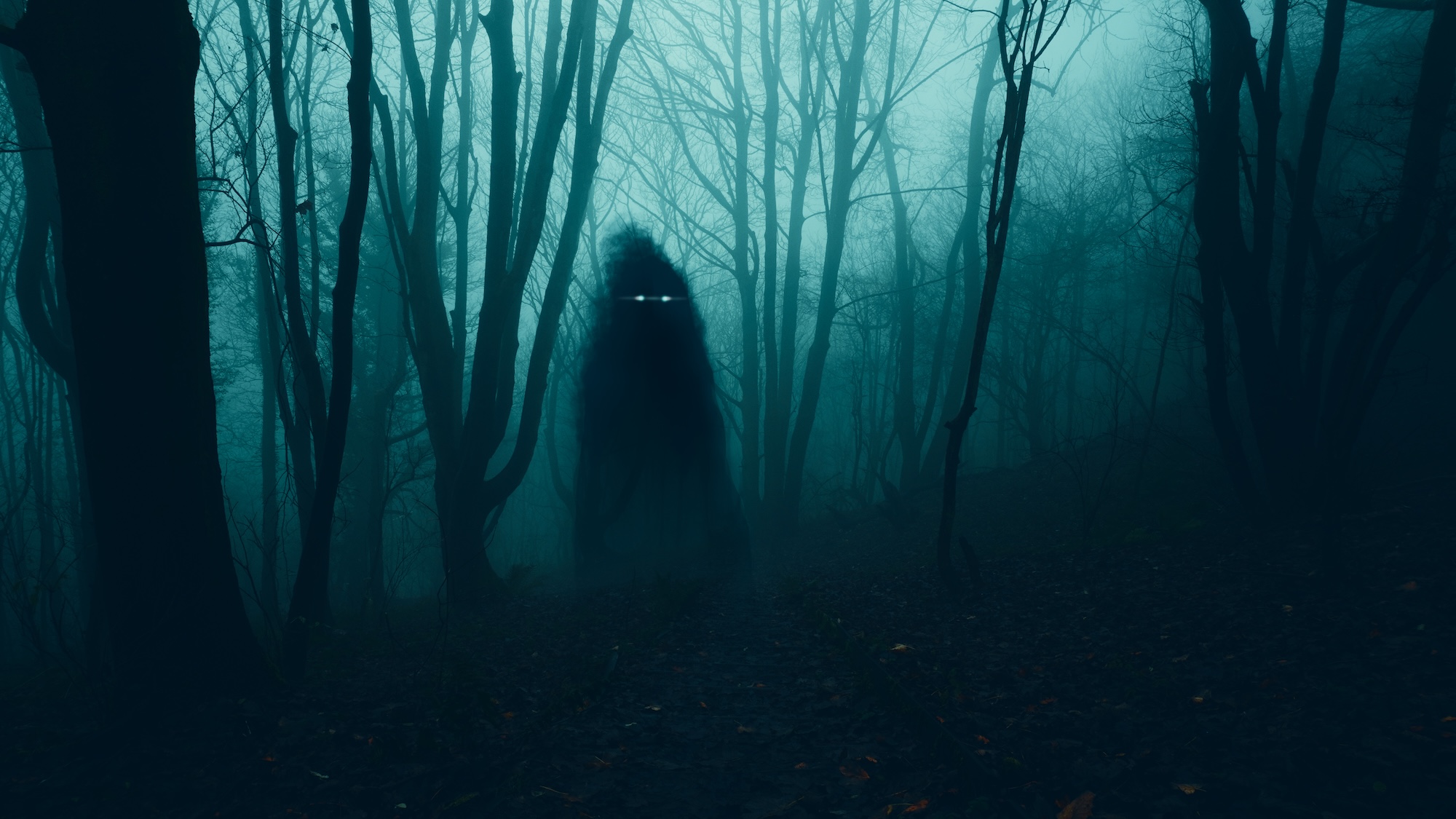 Image of a black figure with glowing eyes hidden within bare trees in a forest at night.