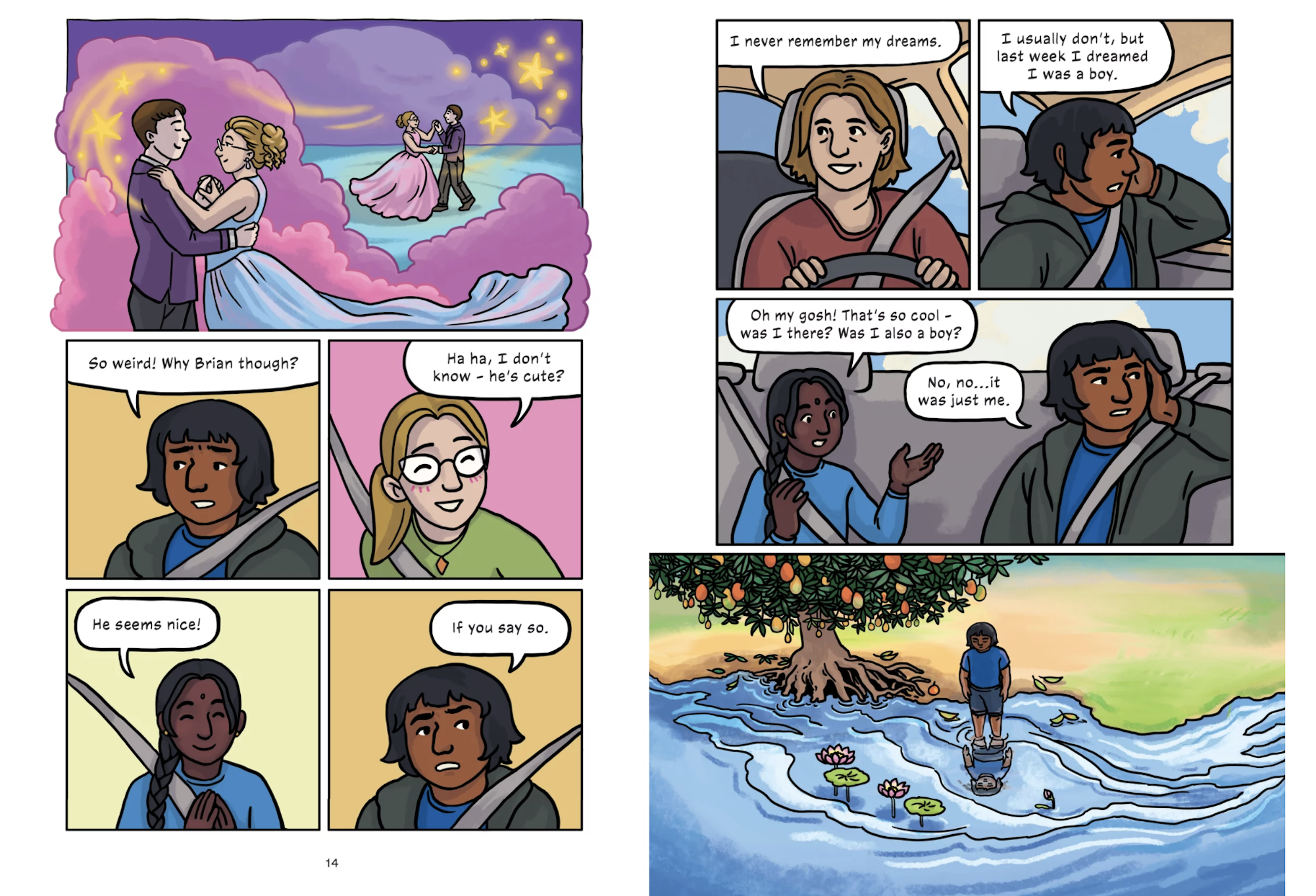 Two pages of a graphic novel featuring a group of young teens talking in a car. One says they dreamed they were a boy.