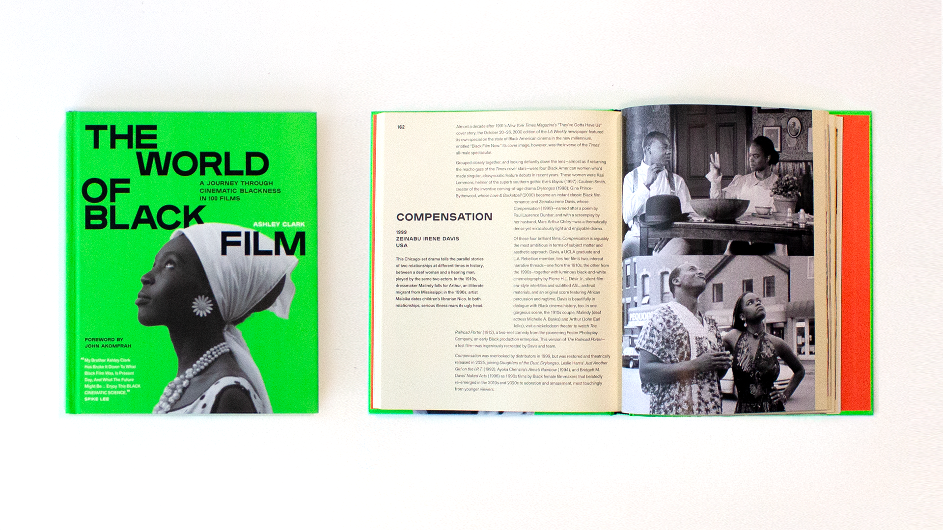 bright green book cover with title and image of Black woman, spread of essay and film stills