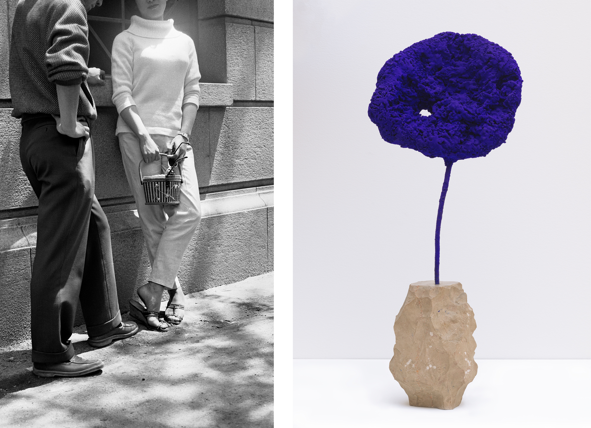 L: black and white photo of couple leaning against wall; R: blue flower-like sculpture in stone base