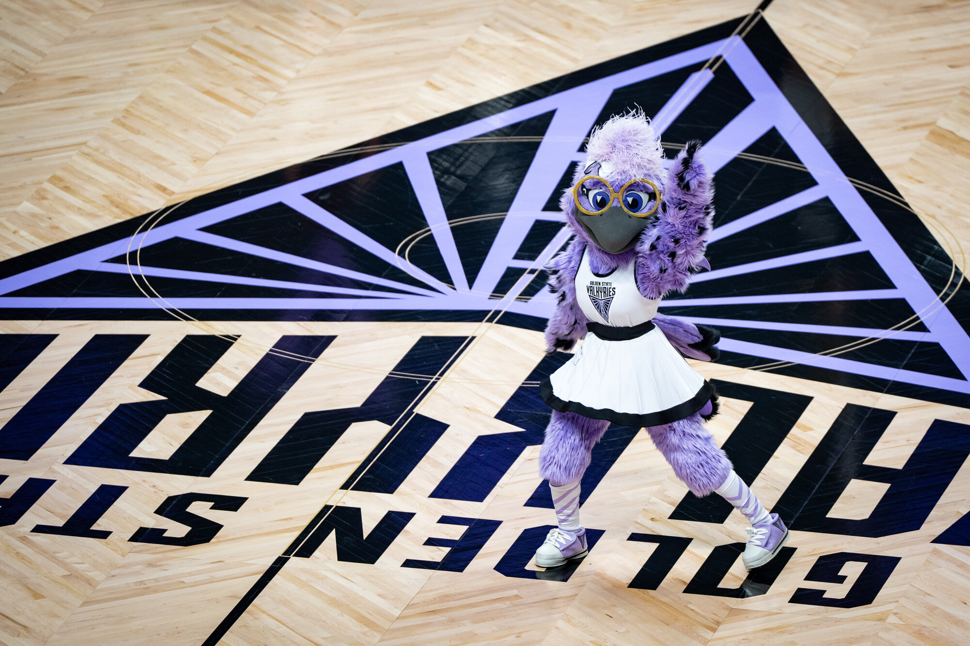 a purple bird mascot stands at center court over Valkyries logo