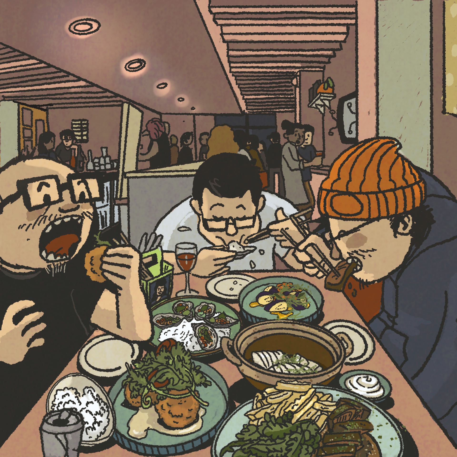 Three men at a restaurant hunched over a huge spread of Vietnamese dishes.