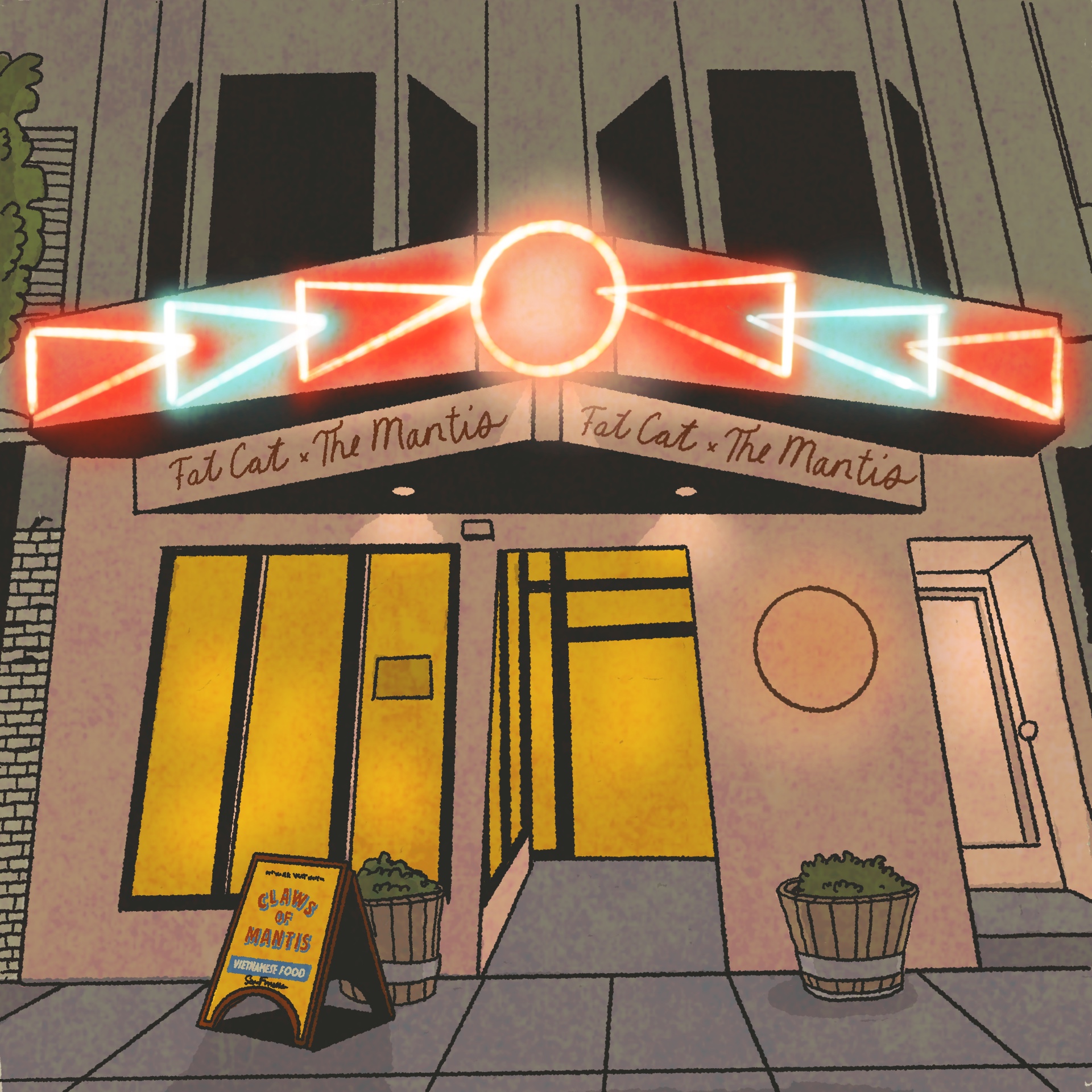 Neon-lit exterior of a restaurant at night time.