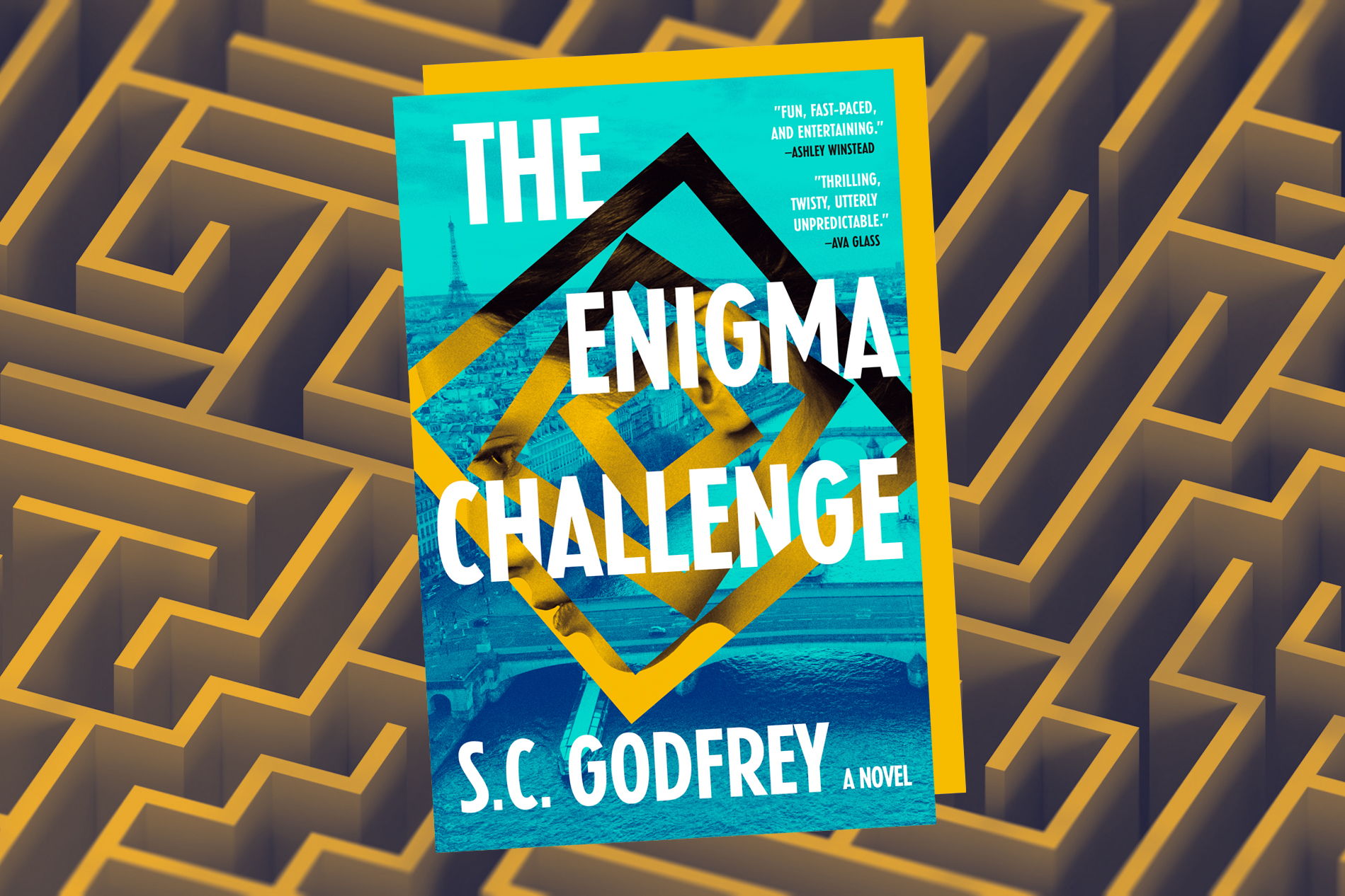 book cover on background image of maze